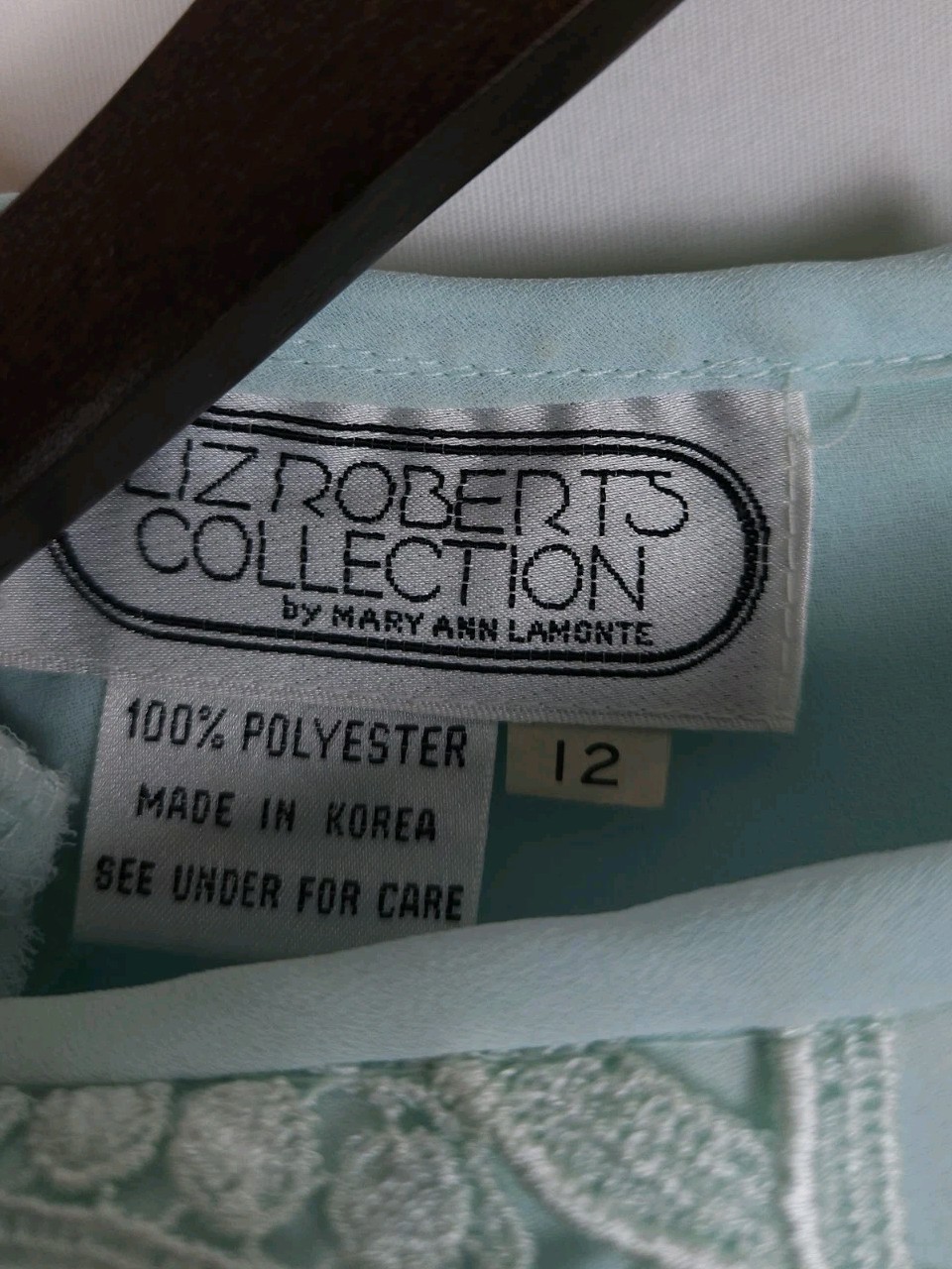 Vintage Liz Roberts Size 12 Blue Embroidered Lace Bow Long Sleeve Dress MOTB
