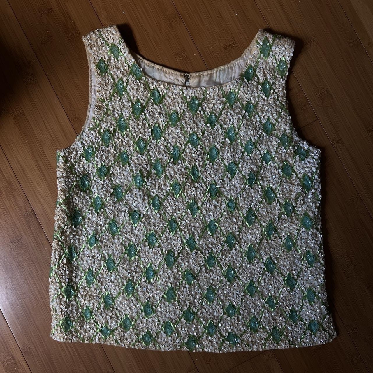 Vintage 60s Ivory + Green Sequined Embellished Sleeveless Top