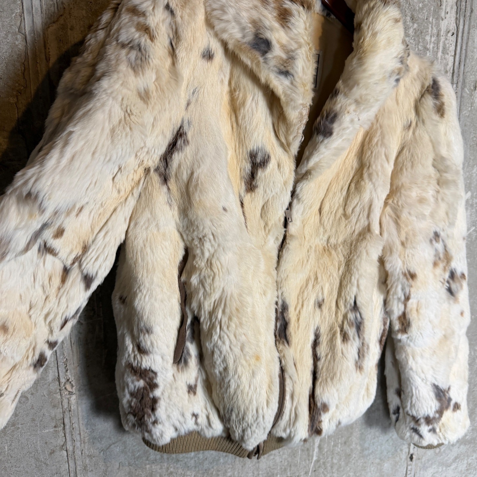 Dino Ricco Vintage Genuine Rabbit Fur Bomber Jacket Spotted Cream Brown Small