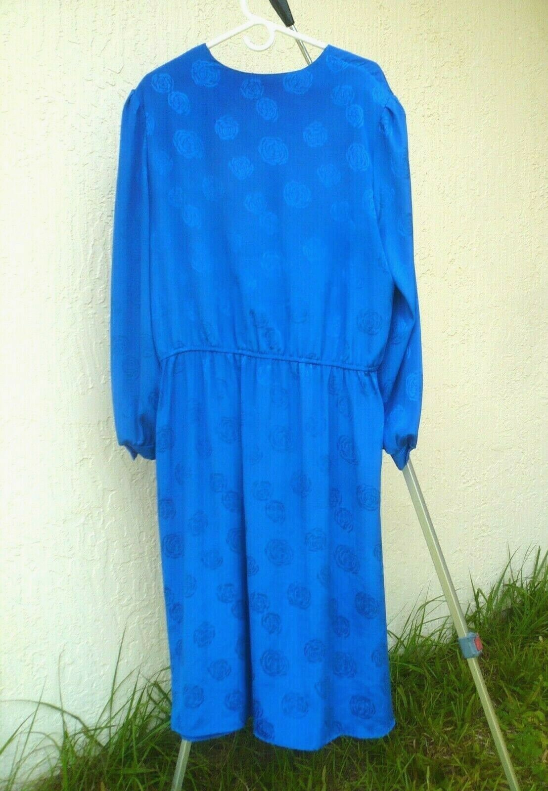 VTG 80 SATIN KATIE LEWIS 1X XL 20 DRAPED BLUE ON BLU ROSES EVENING DRESS WEDDING