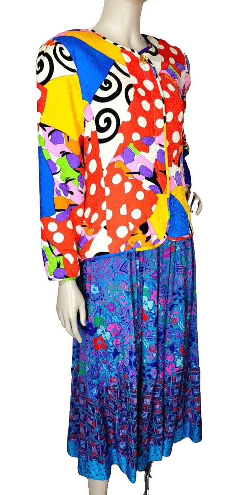 Vintage 80s Diane Feiss 100% Silk High Shoulder Colorful Mixed Media Blouse M/L