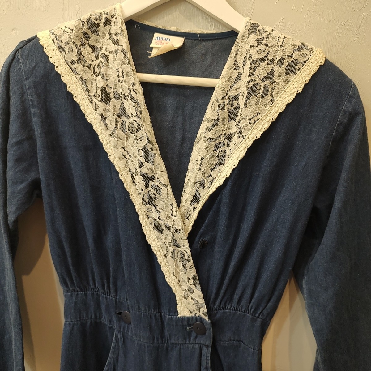 Vtg 1980s Avon Fashions Women’s Denim Jumpsuit Sz 9/10 Made in USA Lace Collar