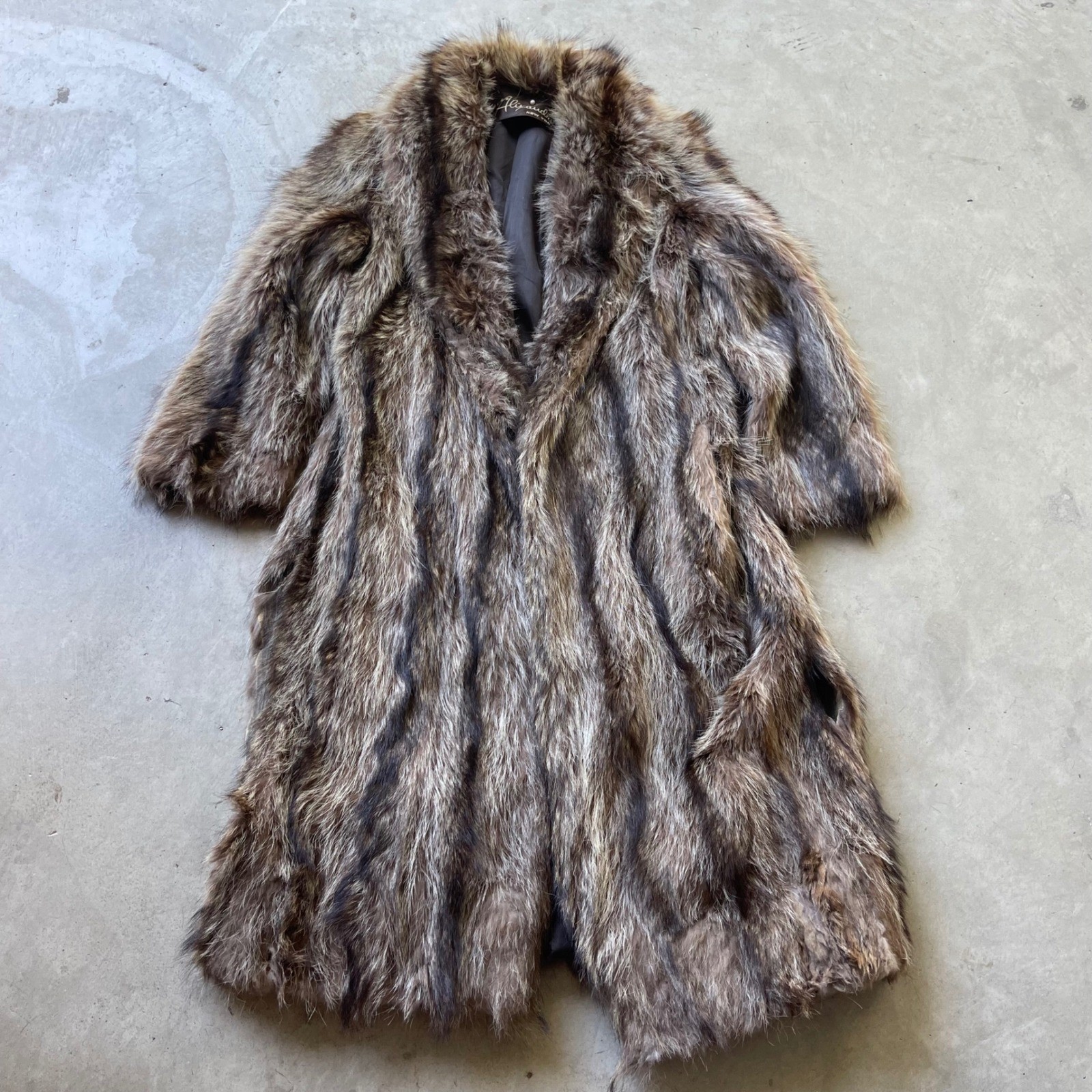 Alixandre New York Vintage Raccoon Fur Coat Brown Grey Shawl Collar Mid Length