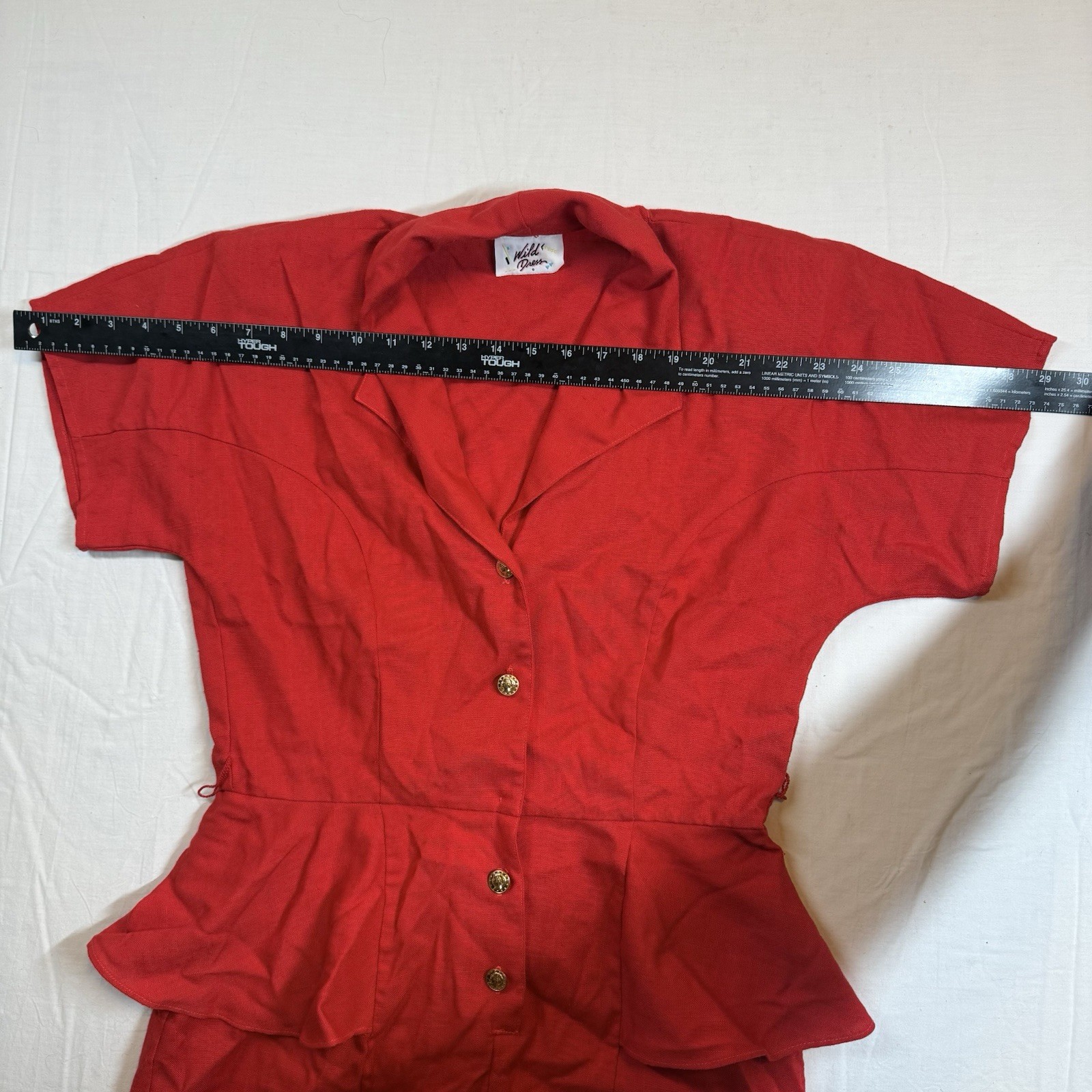 Vintage Wild Party Red Peplum Dress Gold Buttons Cocktail Officewear Sz 11/12