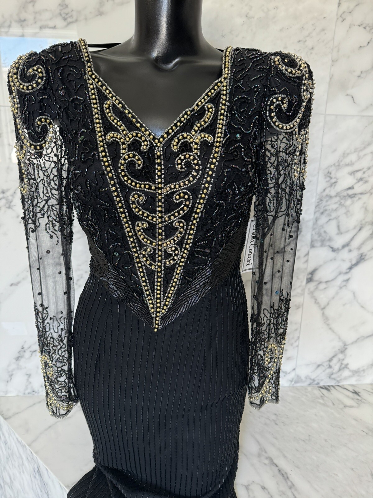 Nina Canacci Formal Wedding Cocktail Black /Gold Beaded Evening Gown