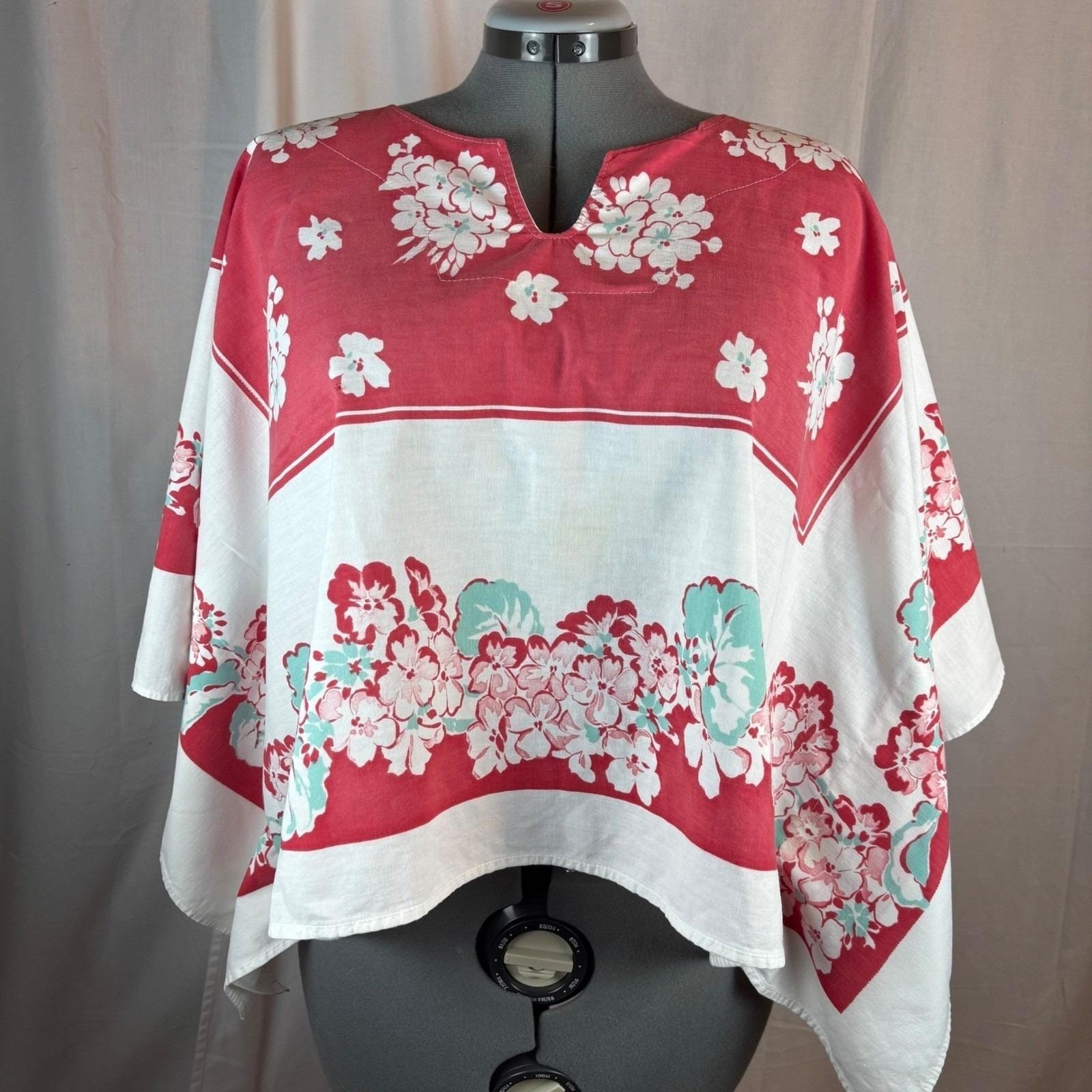 OS Plus Vintage Handmade Floral Tablecloth Caftan Top Red Wht Turquse Split Neck
