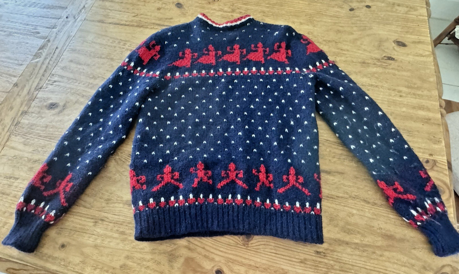 Vintage Norwegian Hand Knit 100% Wool Navy Red Pullover Sweater Sz S