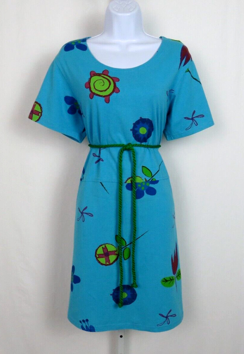 VTG 1980s 90s RED GINGER MEDIUM COTTON DRESS MOD FLOWERS ROPE BELT AQUA BLUE