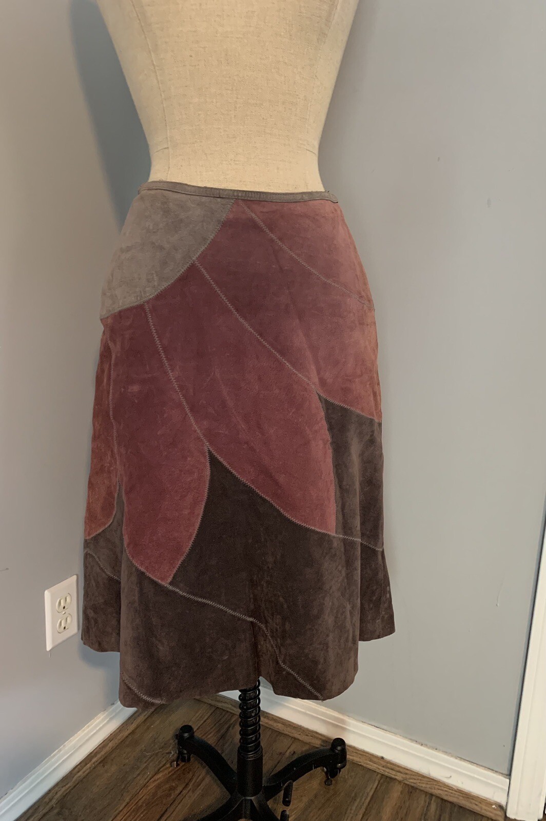 Rare Vintage 90s does 70s Suede Leather Midi Skirt Patchwork Daisy Boho Grunge M