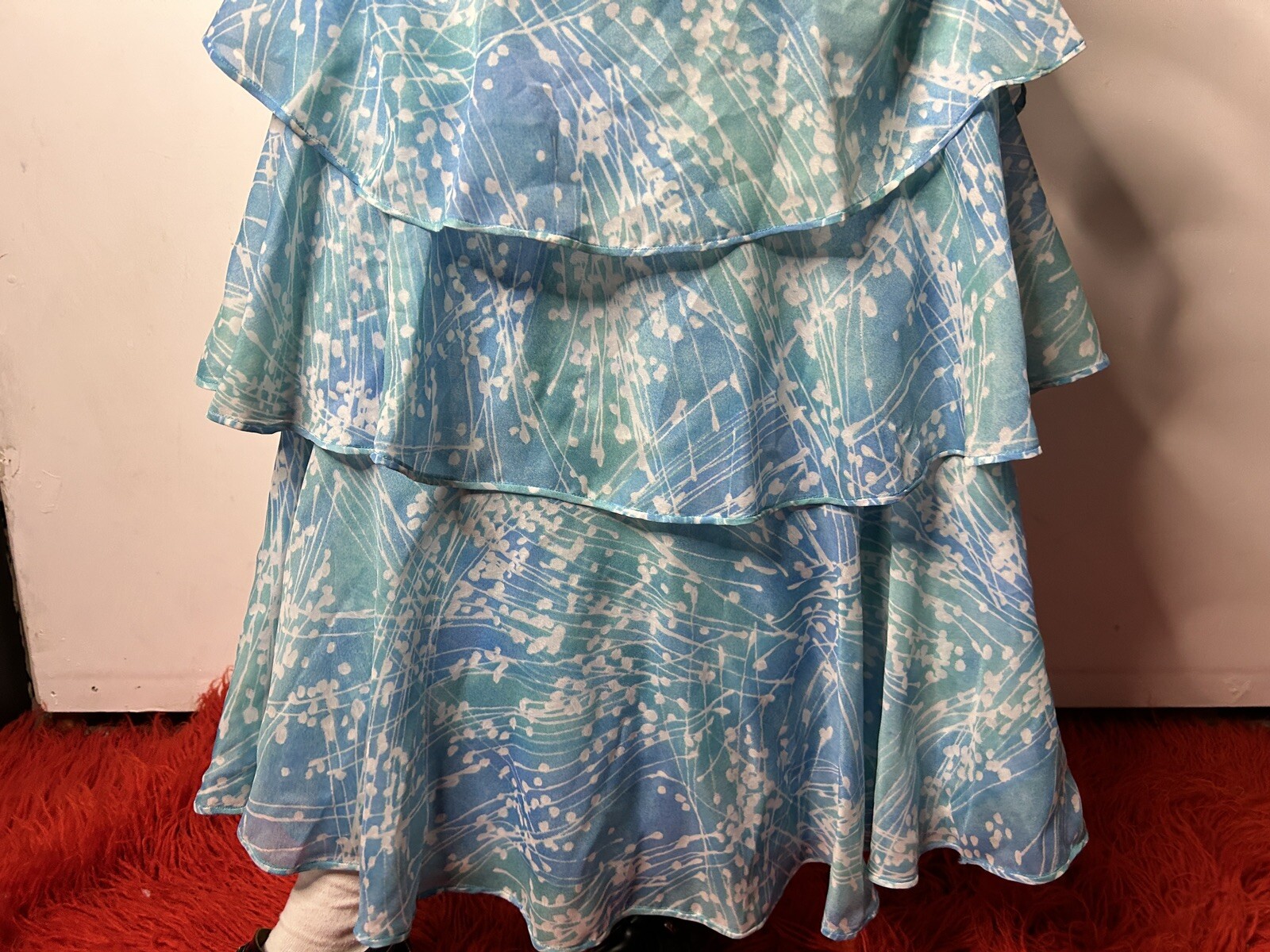 Vintage 1950s 1960s Handmade Tiered Gown Dress Blue Nylon Flutter Sleeves AU 8