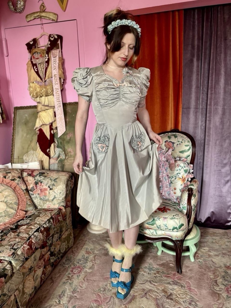 Vintage 1940s Grey Blue Rayon Puff Sleeve Gown with Heart Pockets, Size S-M