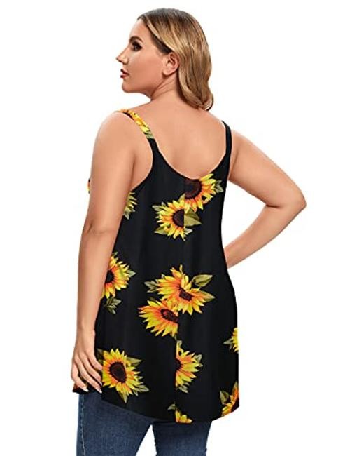 Plus Size Camisole V Neck Button Cami Tank Tops Women’s 2X Black Sunflower