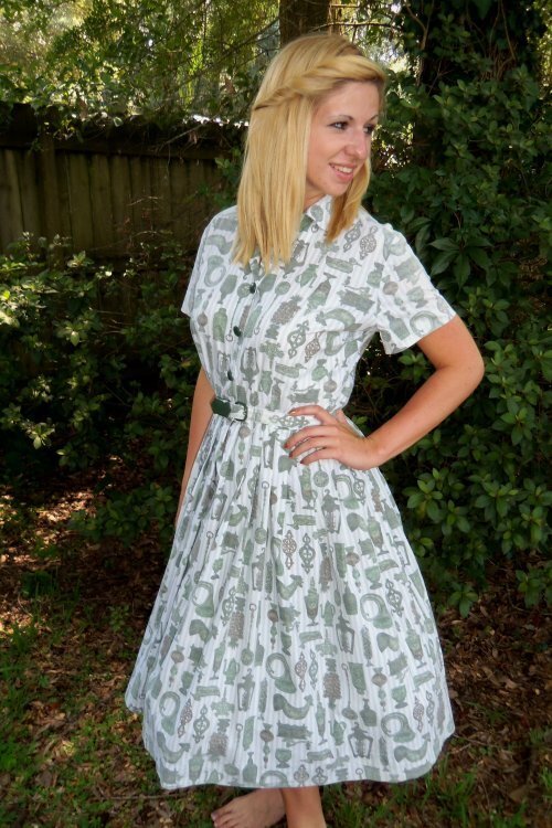 Vtg 50s VIRGINIA HART Cotton Fabric KITCHEN THEME Belt Dress DEADSTOCK M L NOS