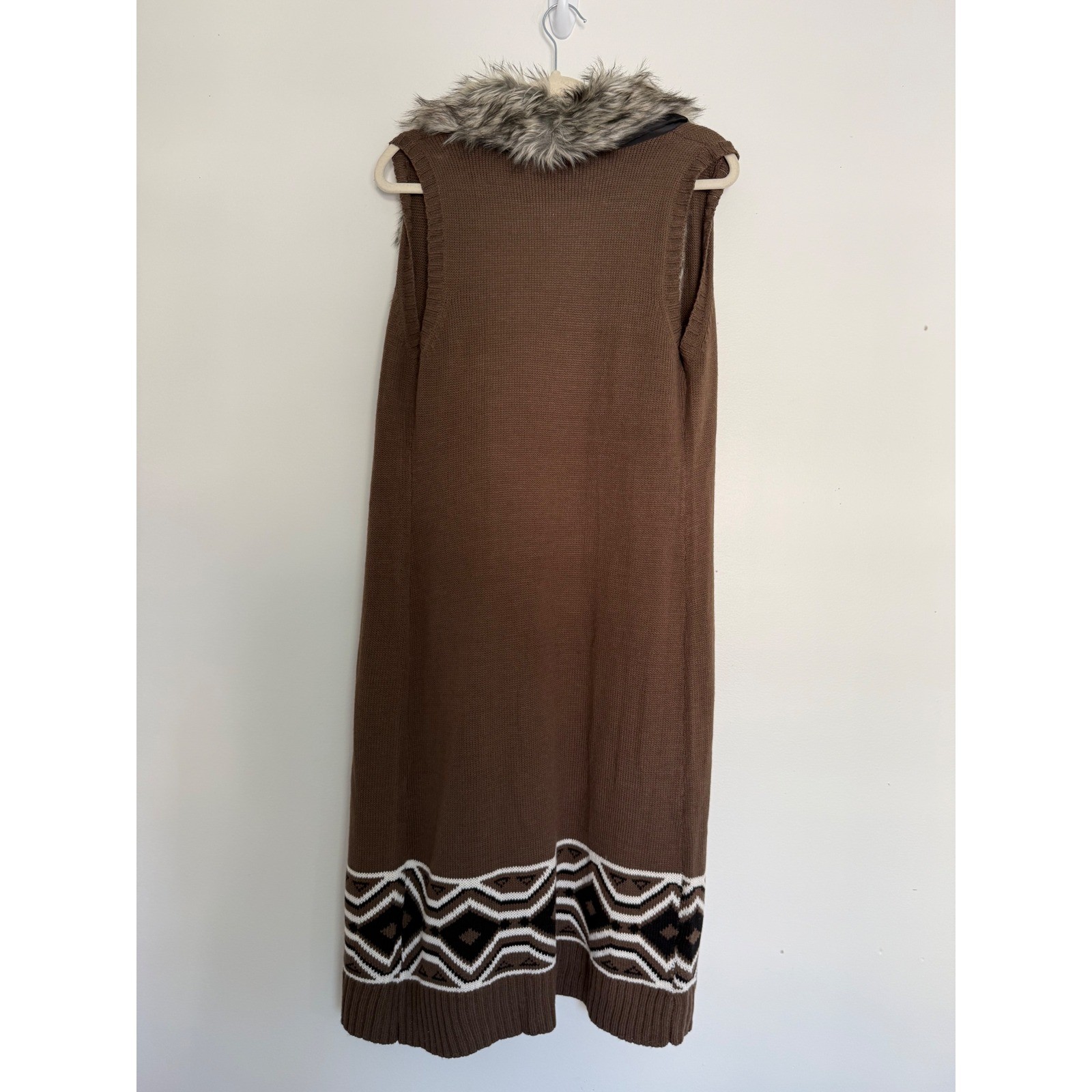 Sweater Vest Duster Faux Fur Trim Large Brown Open Front Western Boho Lagenlook