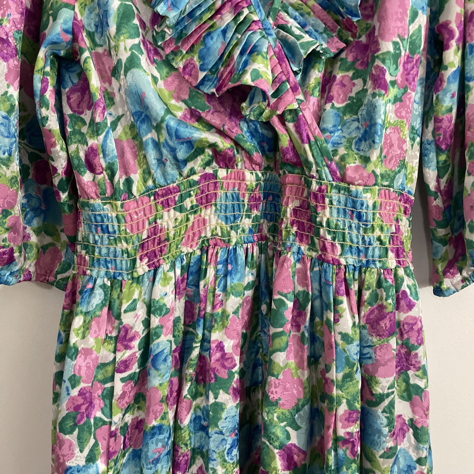 Vintage Susan Freis Floral Ruffled Midi Dress XS Smocked Waist 3/4 Sleeve AOP