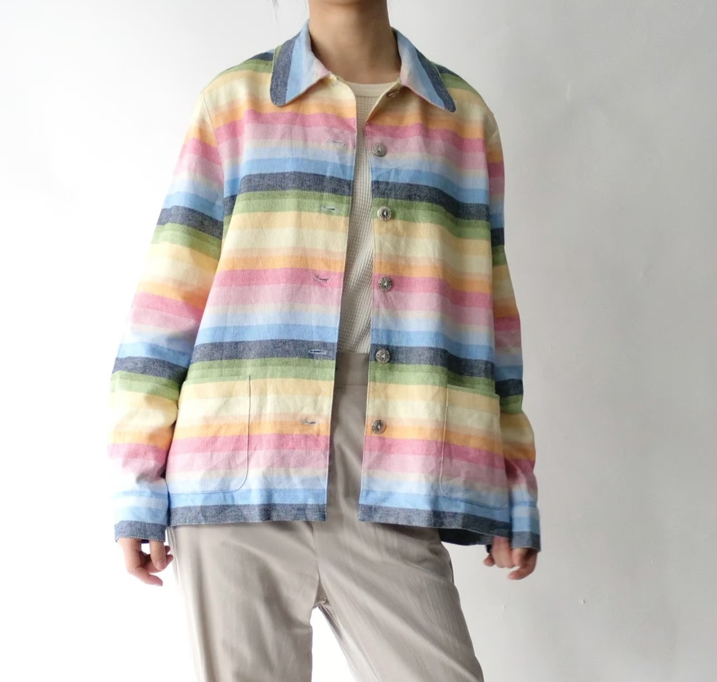 Retro Pastel Rainbow Strip Linen Blend Shirt Jacket 18 Pocket Festival Coachella