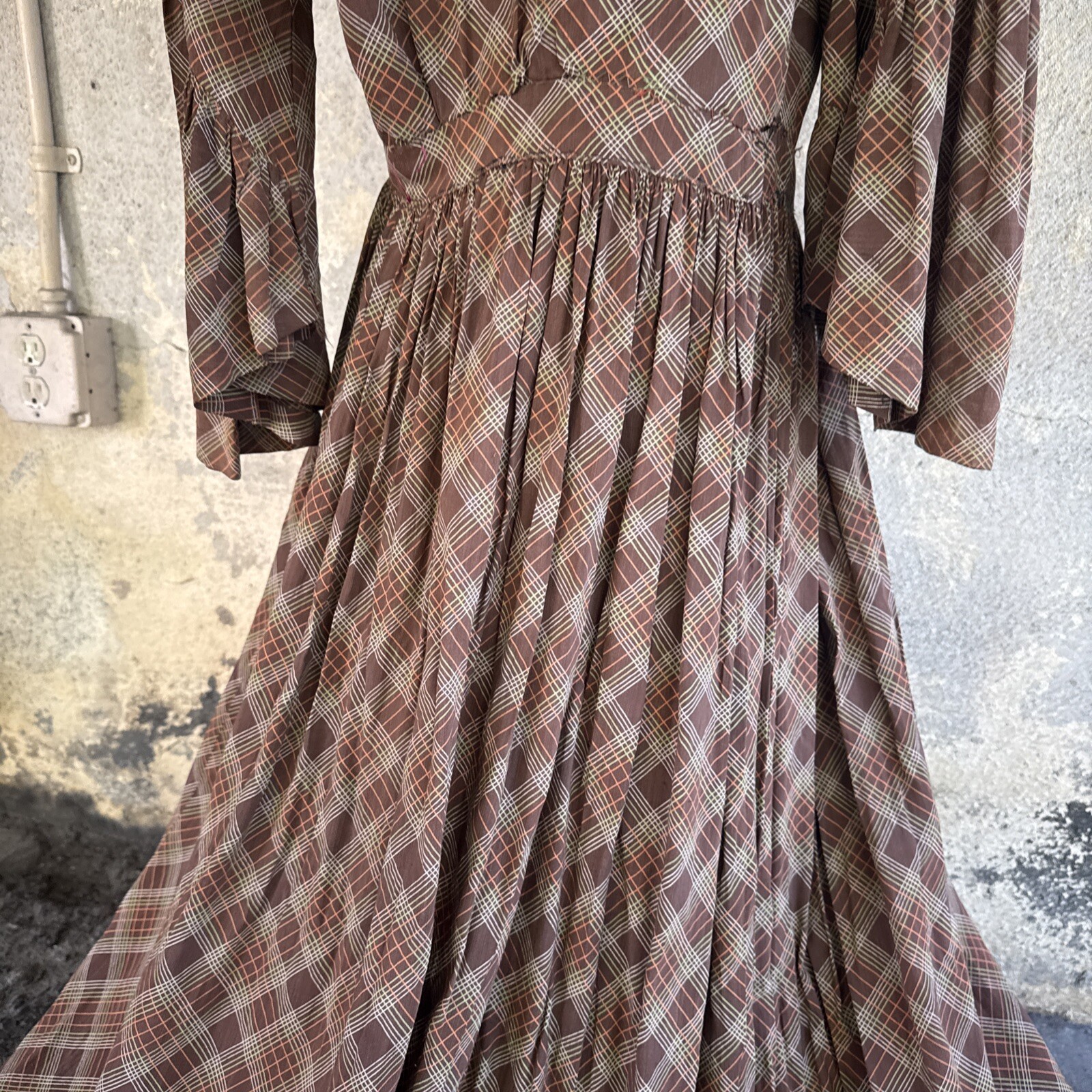 Vintage 1930s Brown Green & Orange Plaid Linen Dress Maxi Bell Sleeves Wooden