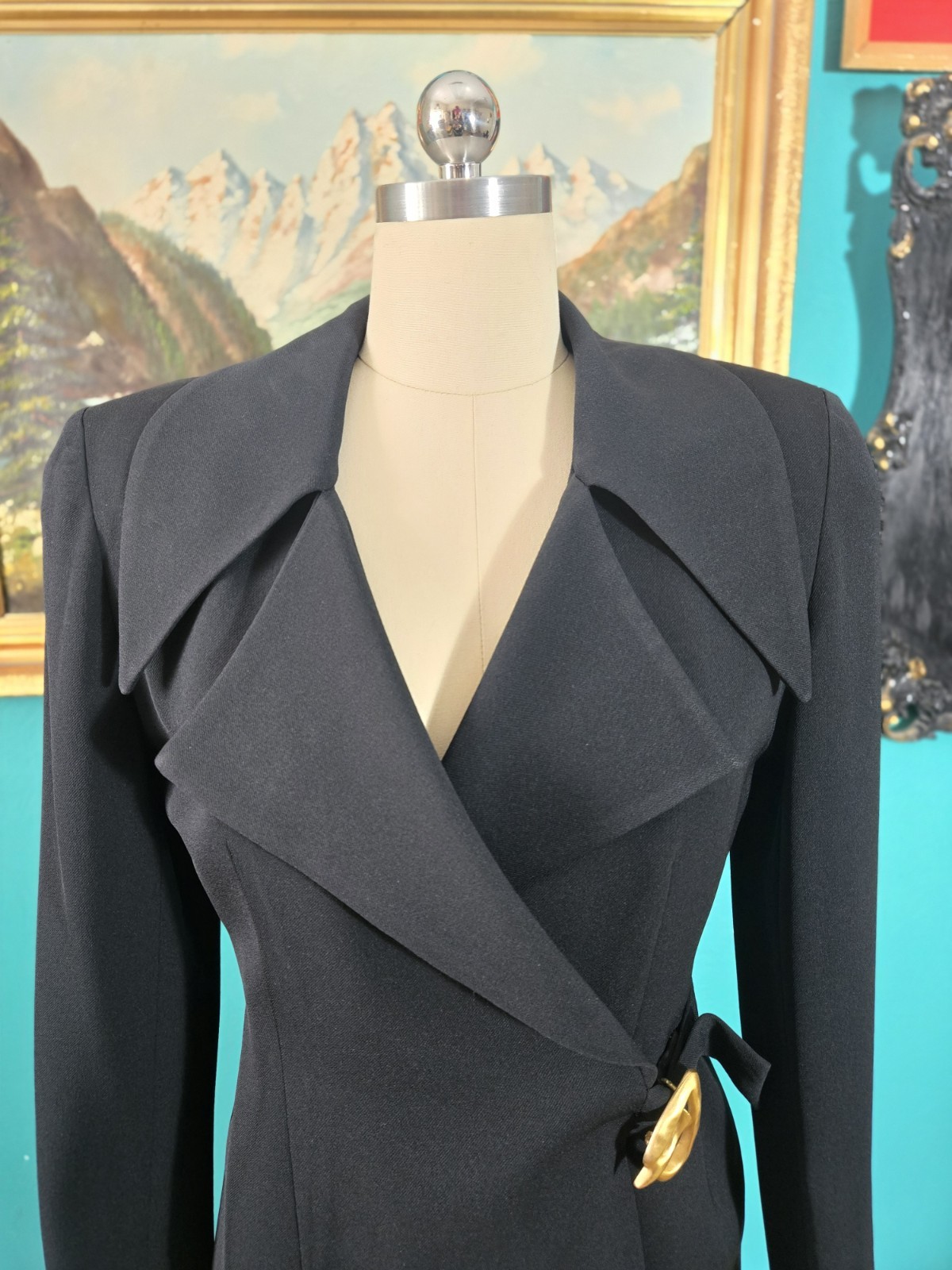Vtg 1980s Kathryn Dianos Dagger Collar Goth Black Asymmetric Blazer