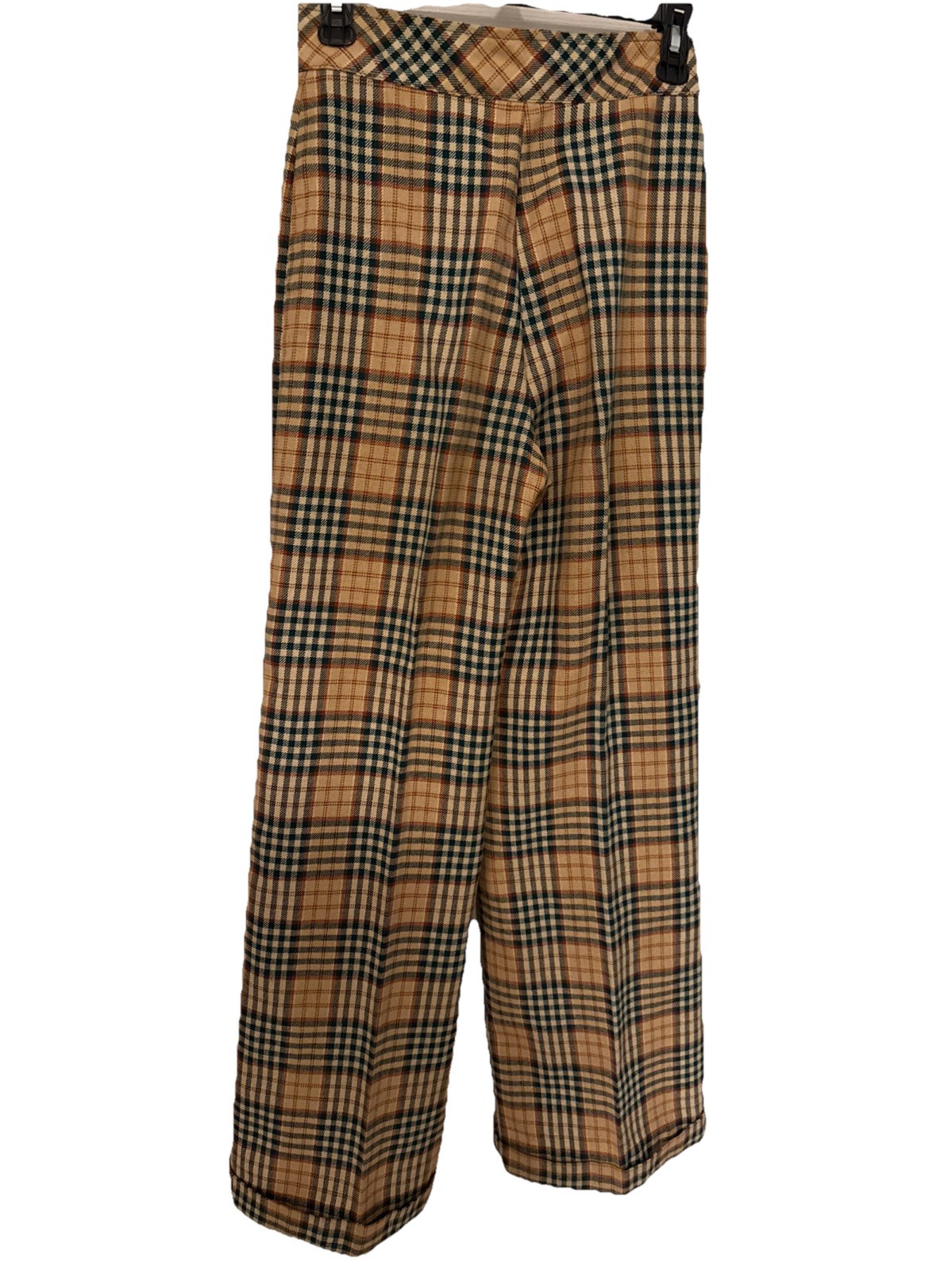 60s 70s Mod Bobbie Brooks Windowpane Plaid 2pc Pant Suit Black Tan Sz Tall