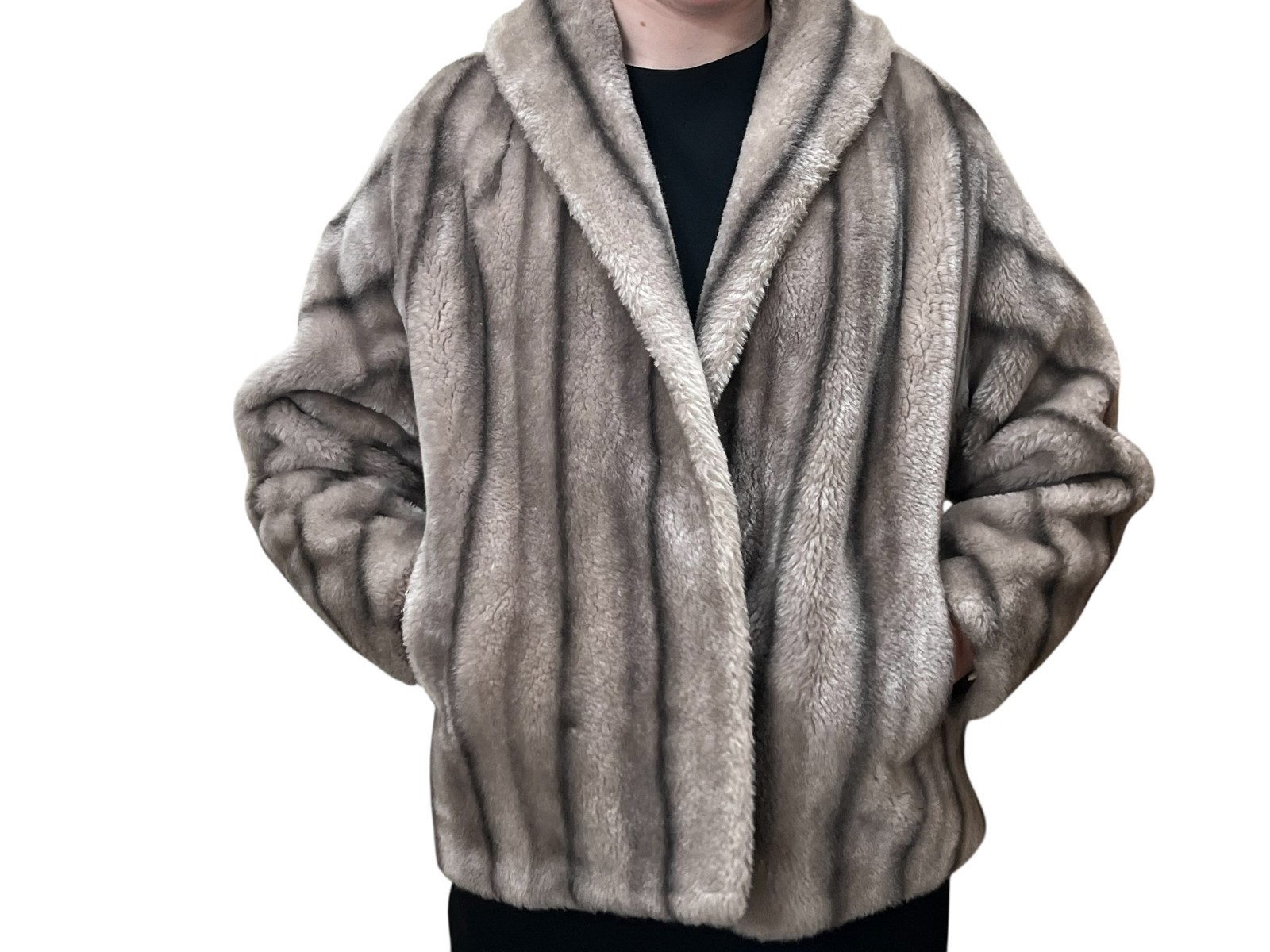 Vtg 50 60s Sz S~M~Sm L FAUX FUR Jacket Coat Silver Dark Stripe Stroller Wrap