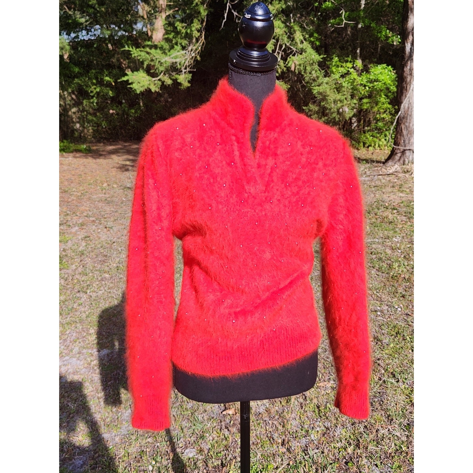 ANGORA Vtg TOMATO RED SWEATER Soft Bead Puff Sleeve Pullover Hi Neck Top M 38