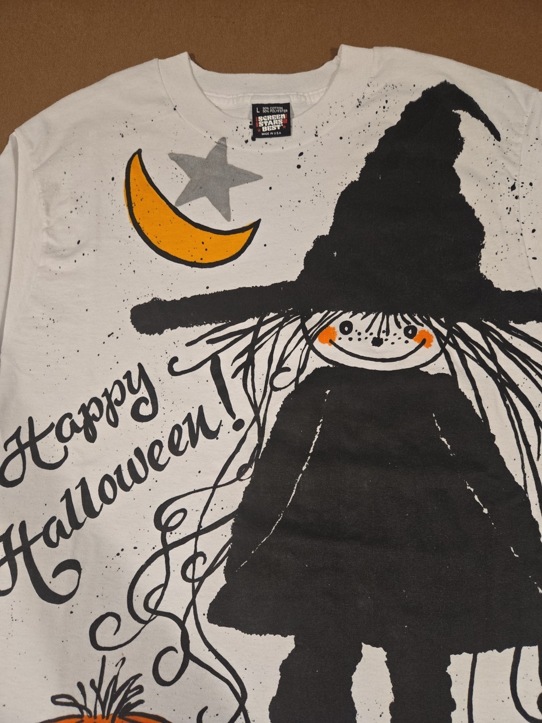 Vintage 90s Happy Halloween AOP Witch Trick Or Treat Pumpkin T-Shirt Size Large