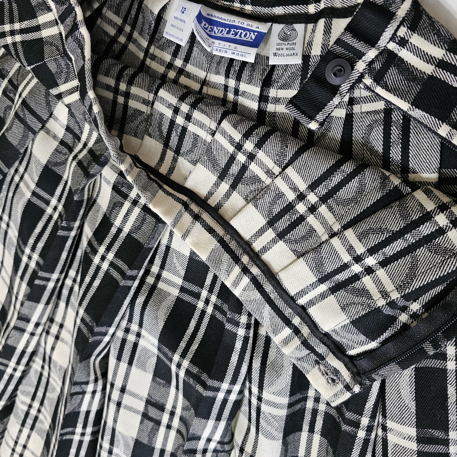 NWT VTG Pendleton Plaid Pleated Midi Skirt Black White 100% Virgin Wool Sz 12