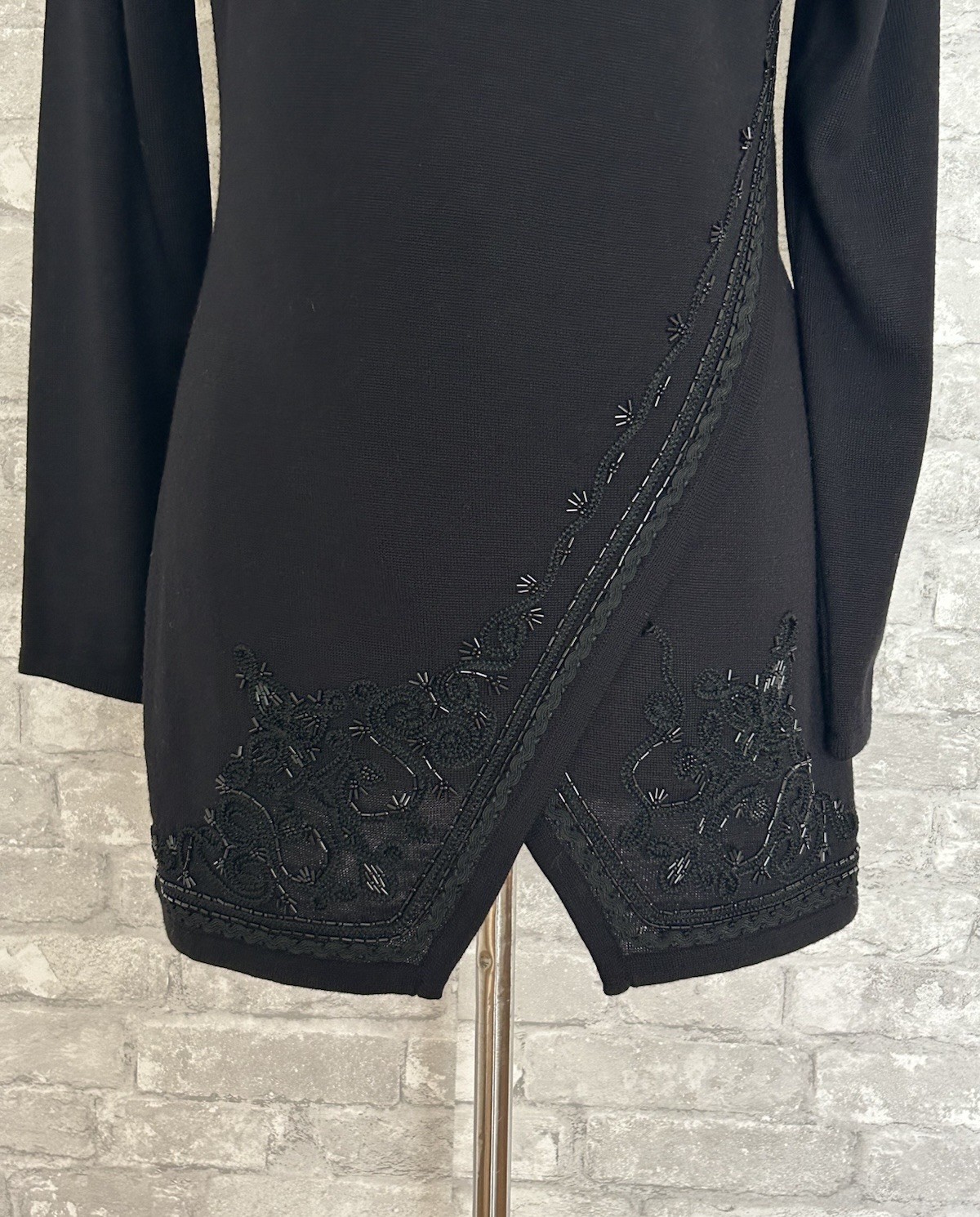 Carole Little M Vtg Black 2 Piece Skirt Set Beaded Asymmmetrical Overlap Sweater