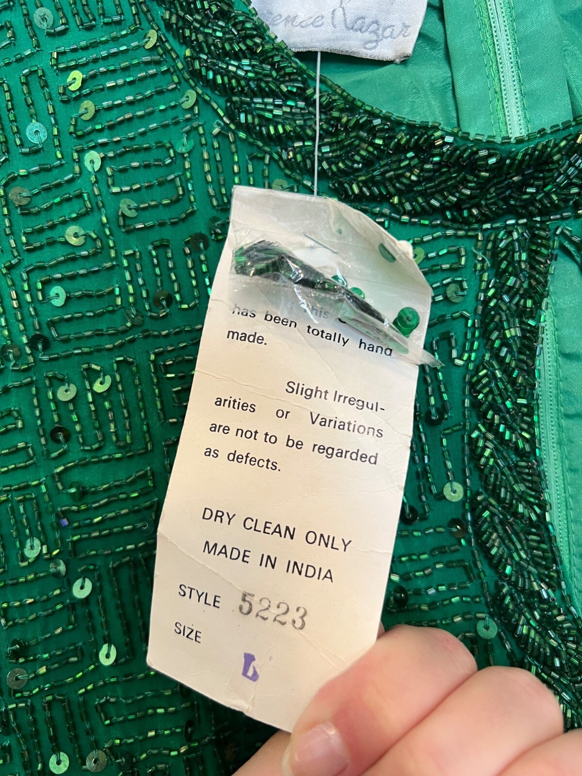 Vintage Lawrence Kazar Green Beaded Silk Dress With Rayon Lining Short Sleeves &