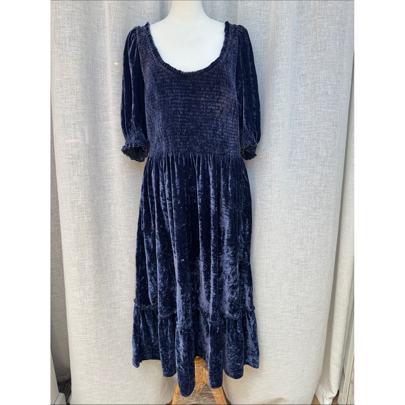 Hill House Home blue velvet Louisa Nap Dress smocked bodice puff sleeves