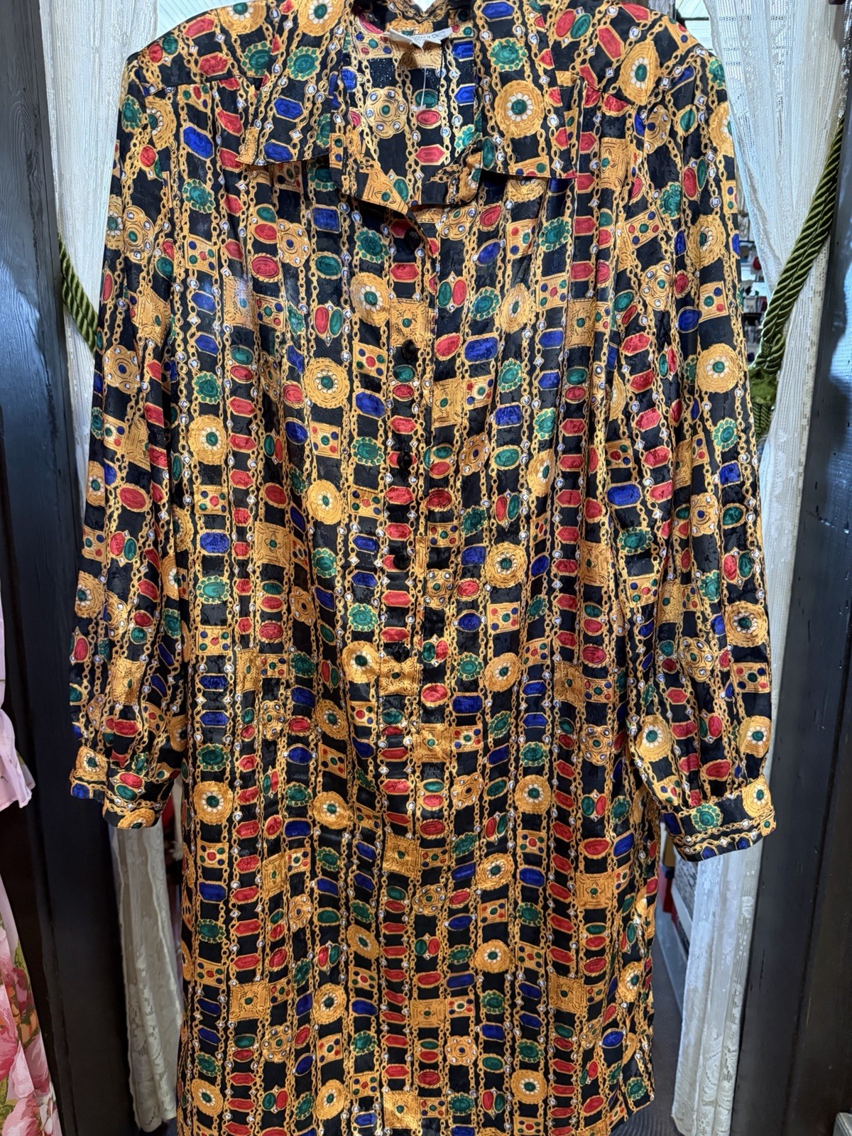 Vintage 80s Bold JEWEL PRINT Dress Brownstone Studio Size 16 Shoulder Pads