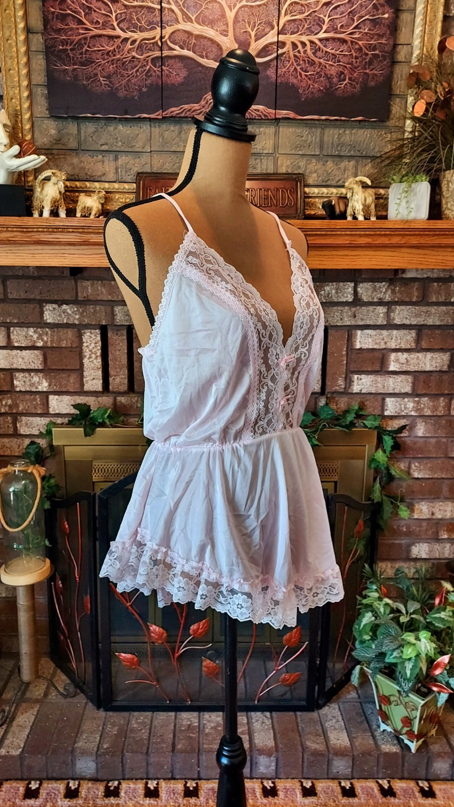 Vintage Featherbed Intimate Pink Lace Peignoir Lingerie Set Size Large