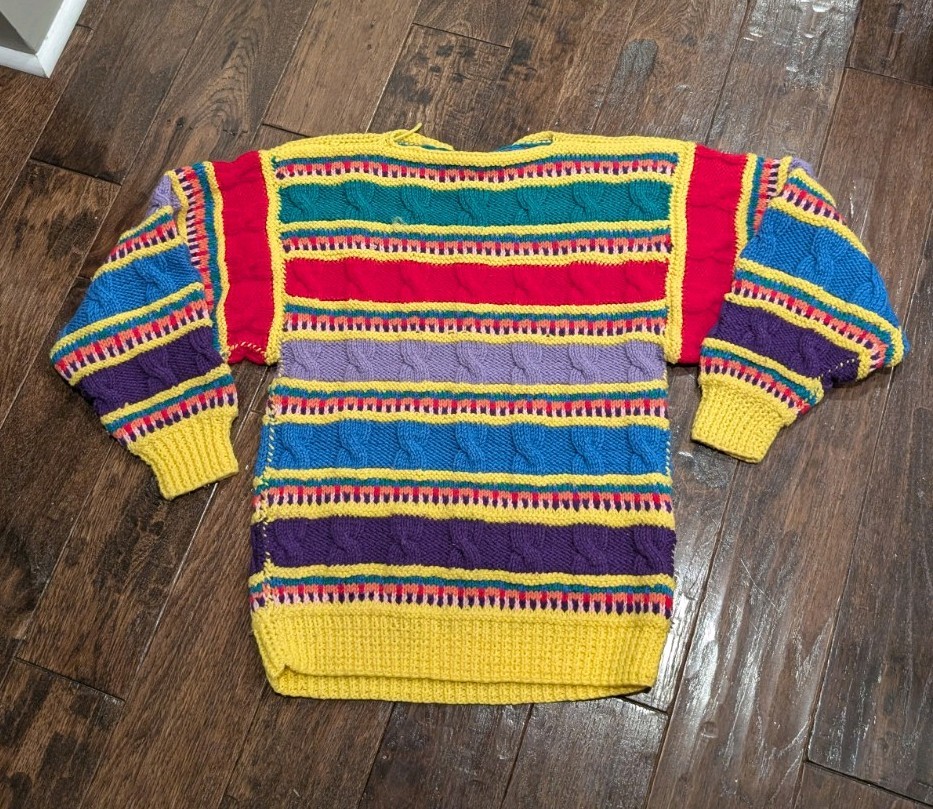 Vintage Handmade Rainbow Chunky Cable Knit 90s Kidcore Sweater Coogi Style Notag