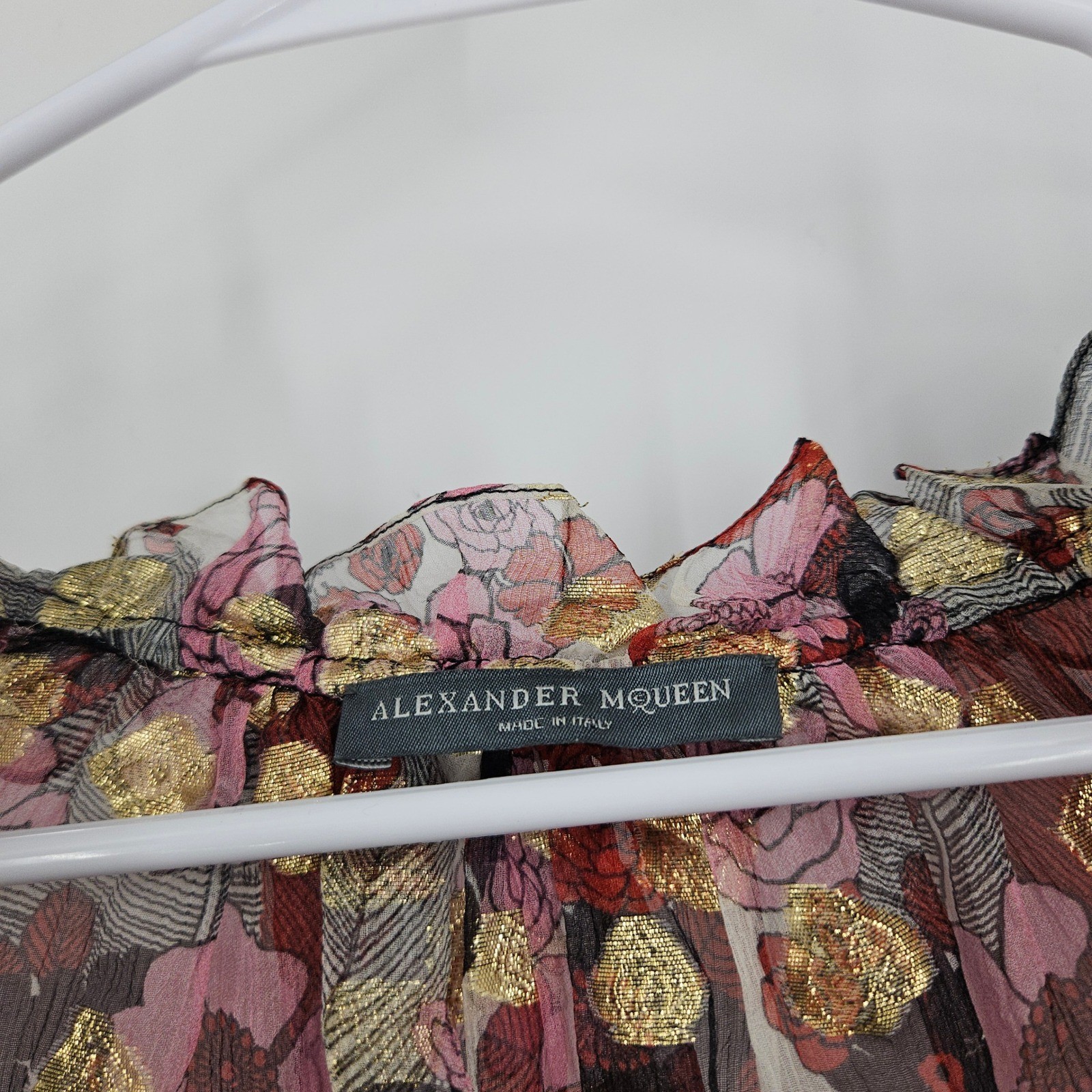 Alexander McQueen Silk Sheer Floral Blouse Maroon Gold Metallic Ruffle Peasant
