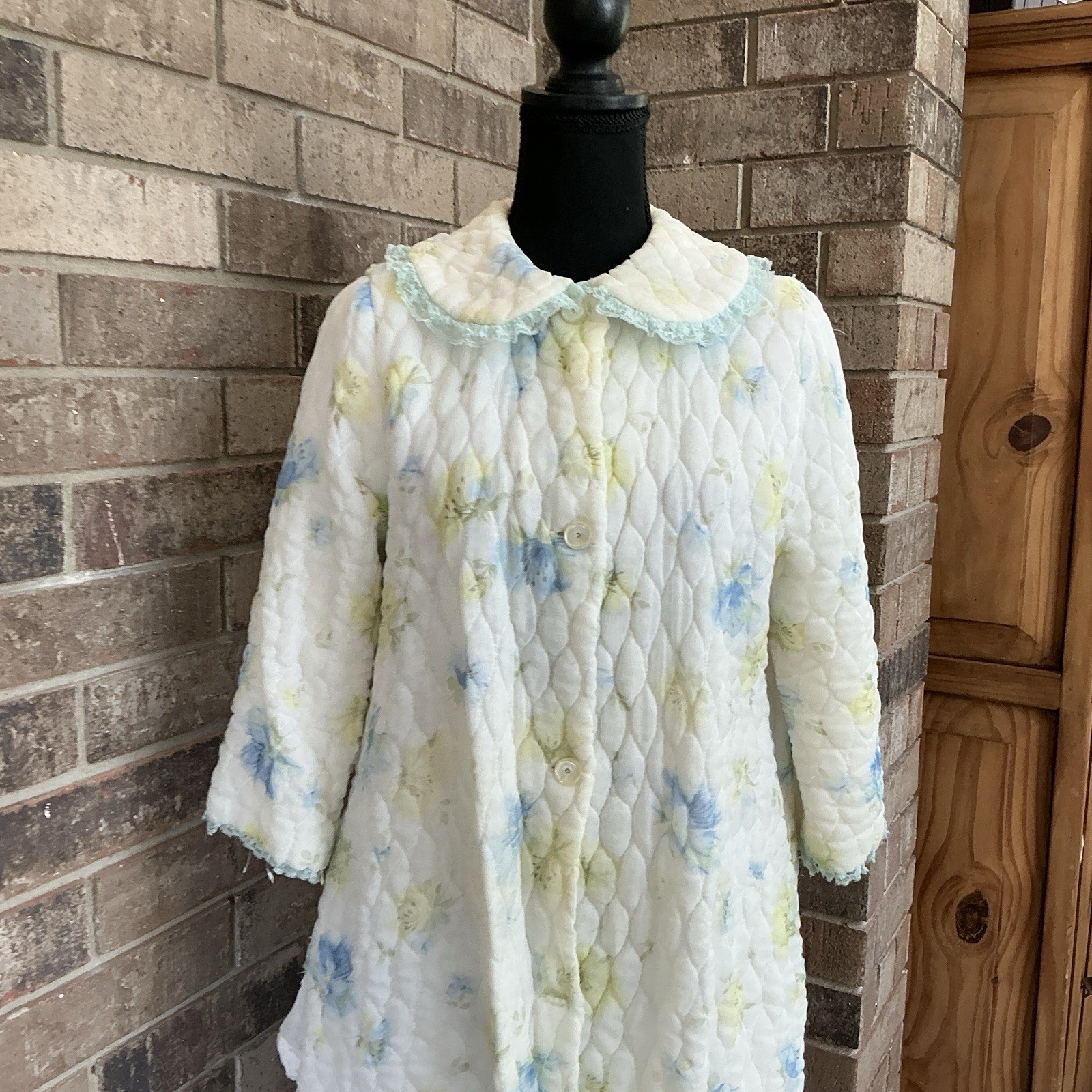 60s VINTAGE Paulette Chicago Quilted Floral Robe Duster Size 12 Blue Yellow 20D6