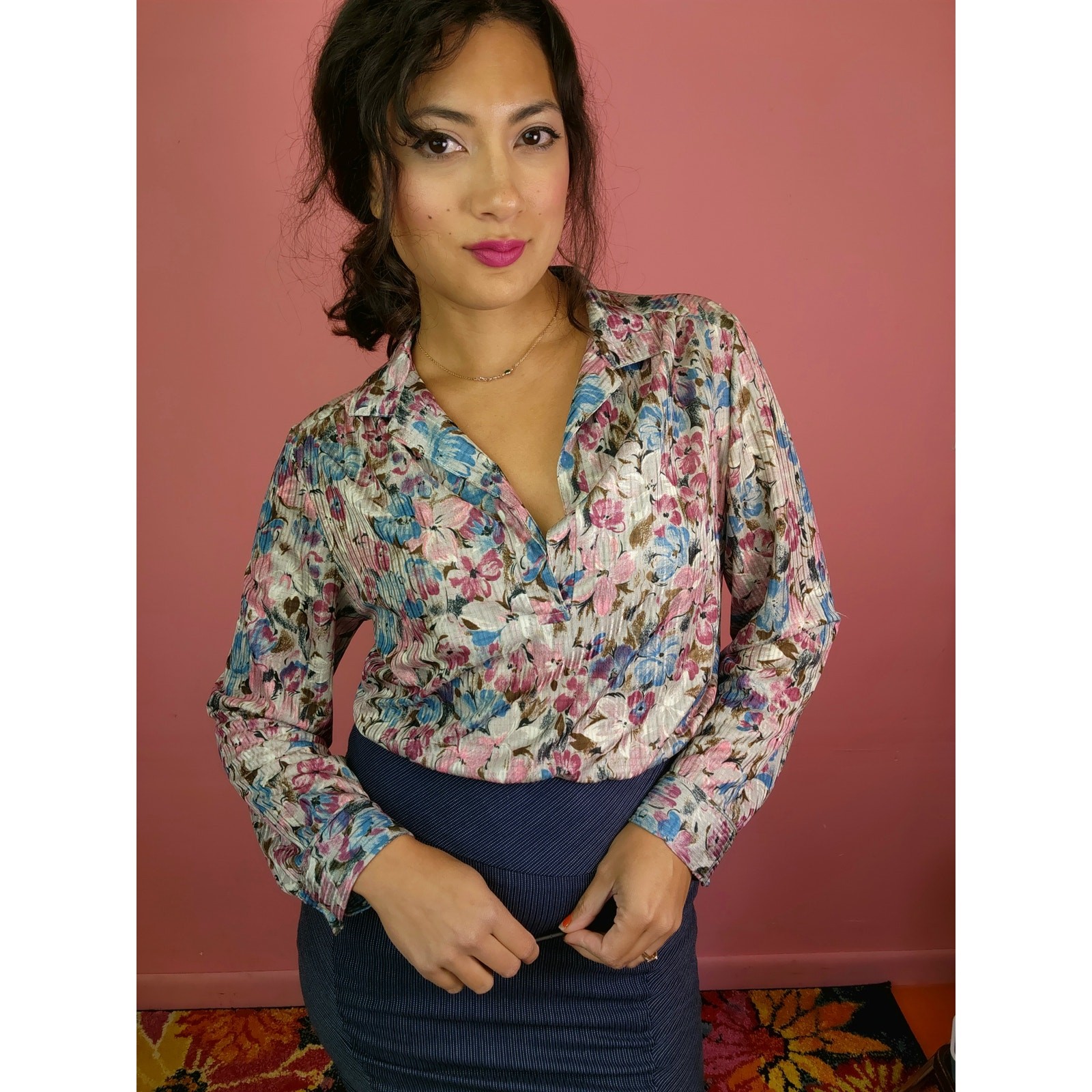 Vintage 1970’s Pink Blue Floral Blouse Shimmery Disco Shirt Plus Size Friendly