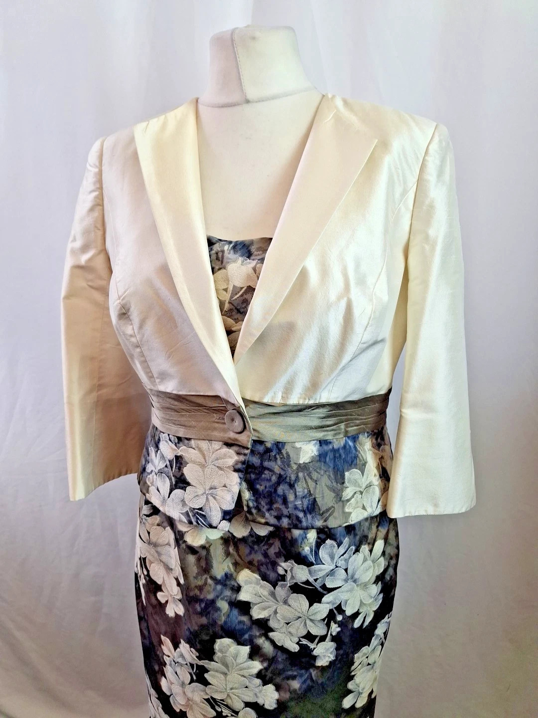 John Charles MOTB Silk Dress & Jacket Suit Grey Blue Ivory Women’s Size 10