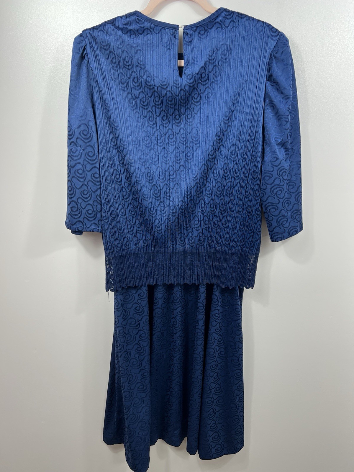 Cue Fashions Vintage Navy Pleated Lace Trim Midi Dress 18W Made in USA