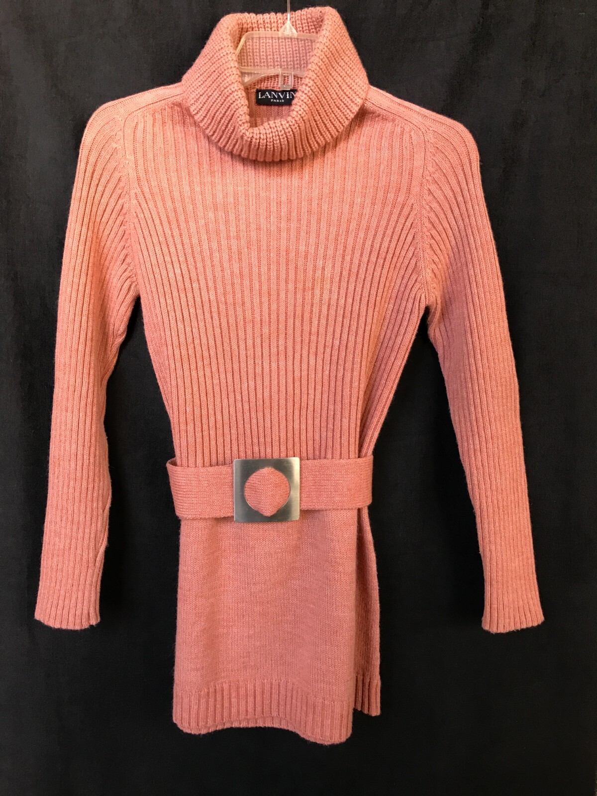 LANVIN Paris 4 piece knit set VTG salmon wool Turtleneck Vest Pants Belt Sz 40