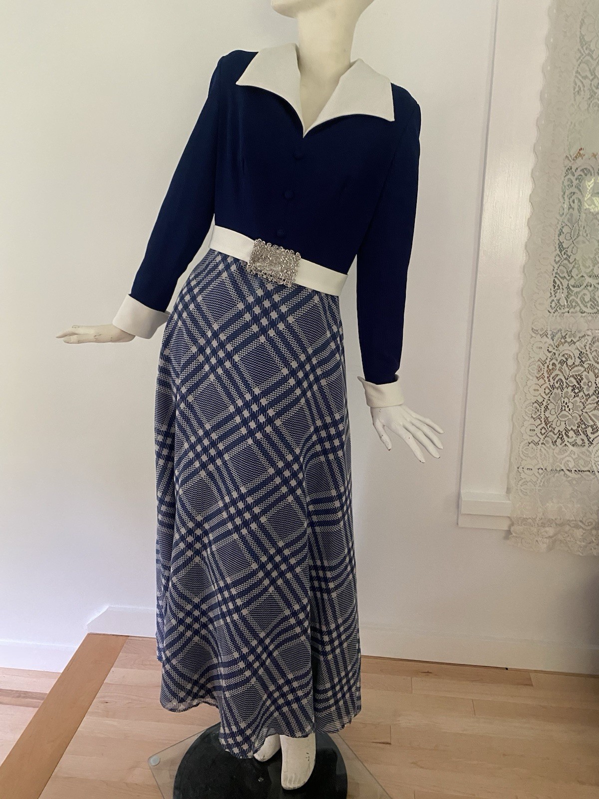 Vintage 70s Maxi Hostess Dress Blue Retro Mod Buckle Cocktail Party Long Sleeve