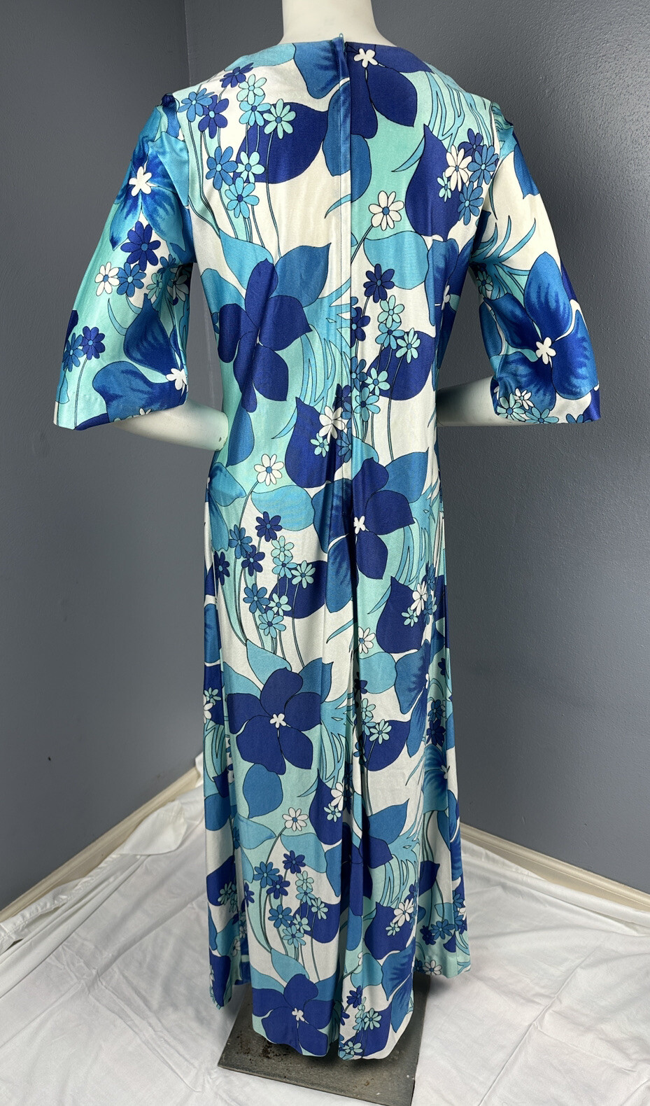 Vtg Hawaiian Surf By Pacific Blue Asian-Inspired Maxi Dress Hawaii Tiki 35” Bust