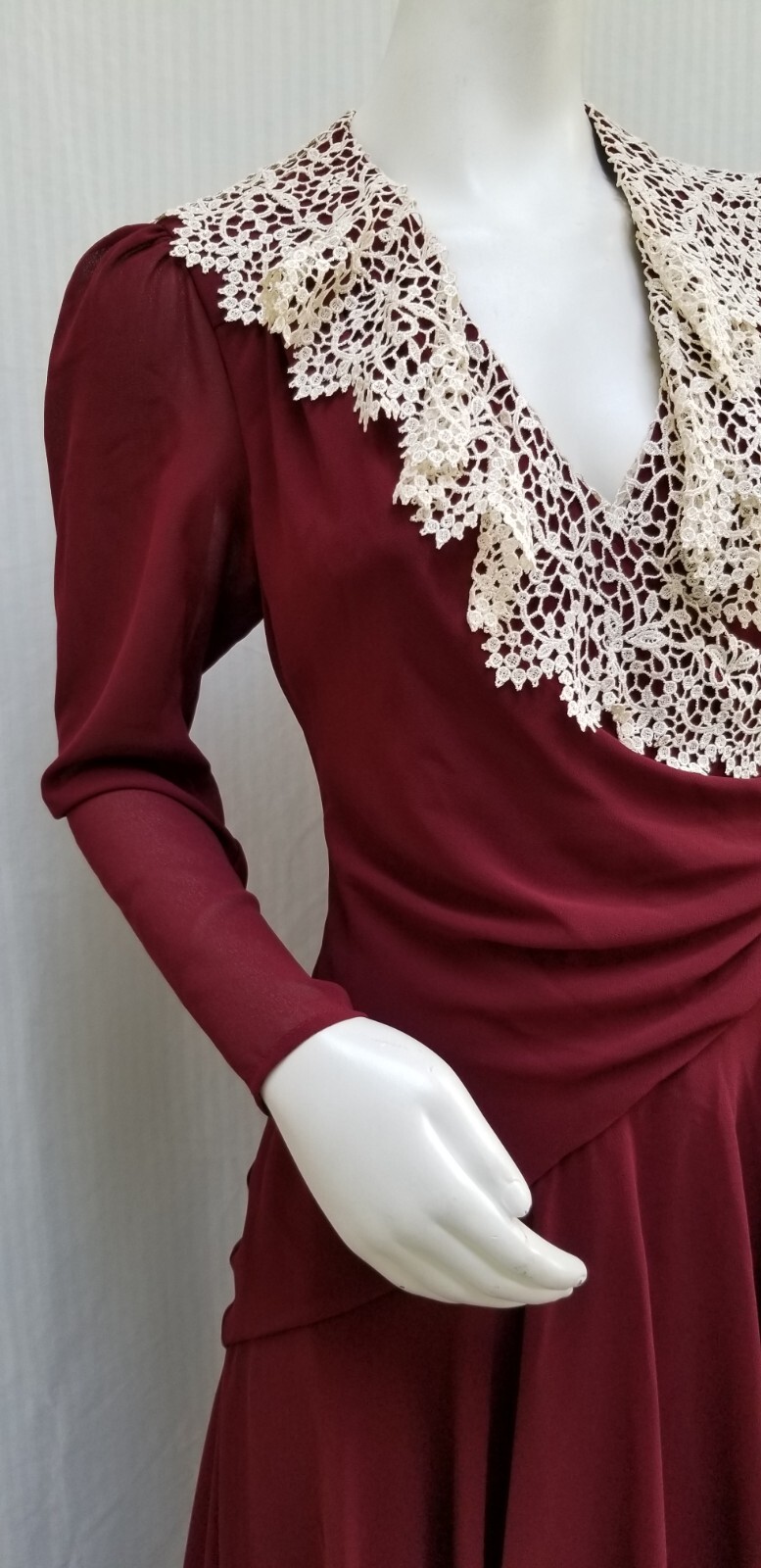 Vintage CASADEI Burgundy Chiffon Wrap Dress w/ Crochet Trim – Size S – EUC