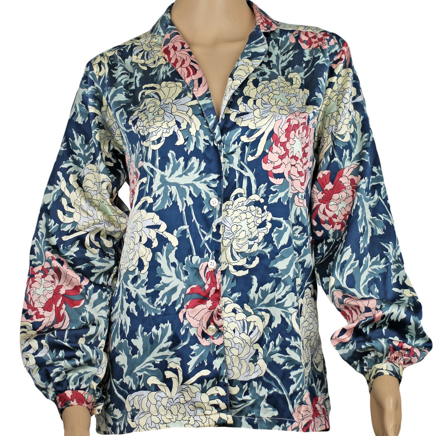 1960s Vintage Mod Floral Blouse Shirt Balloon Sleeves Teal Blue Red Pink White M