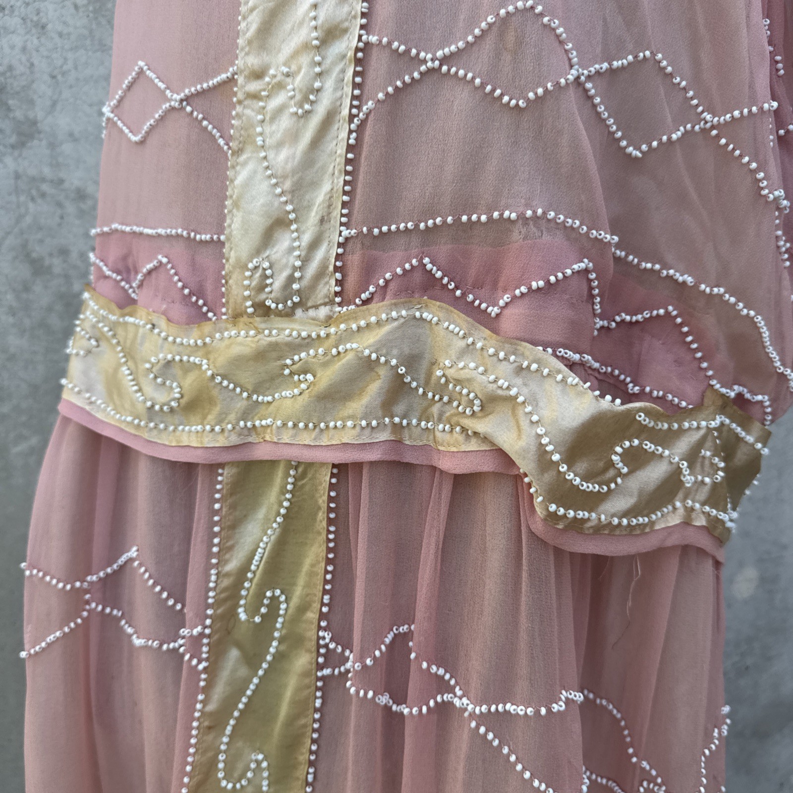 Antique 1920s Pink Silk Chiffon Dress Beaded Waves Oppenheim Collins Vintage
