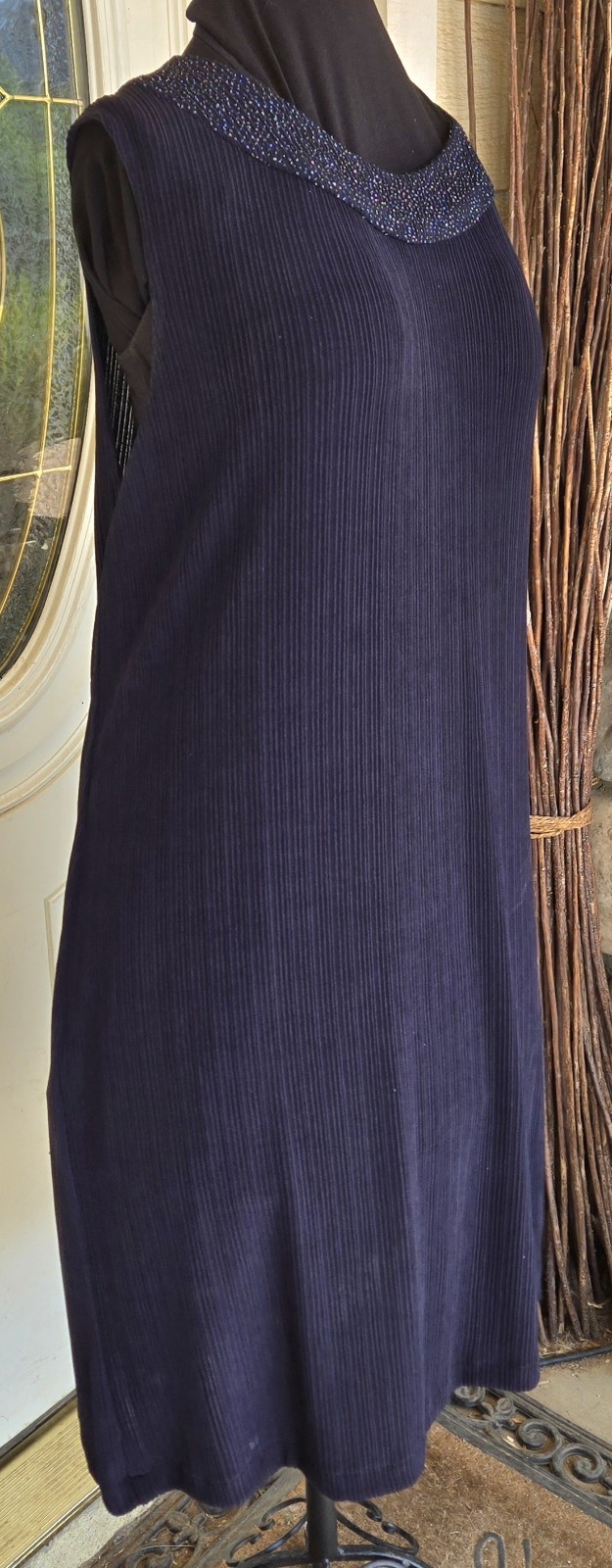 1990s R&M RICHARDS Navy Blue Sleeveless Embellished Neckline Ribbed Dress 14W