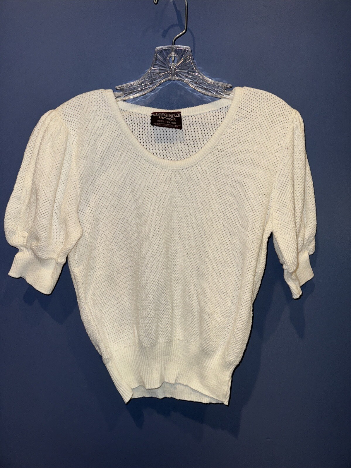 S/M White Knit Pullover Sweater, Croppy Banded Waist, 1960 Mademoiselle Cotton