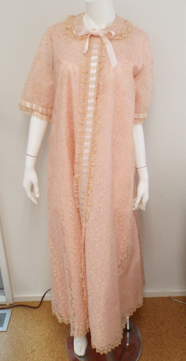 Vintage Odette Barsa Pink Nylon Lace Peignoir Set SMALL New Old Stock Tags Fancy
