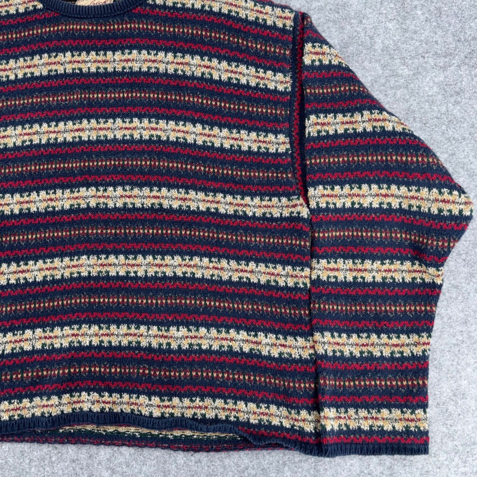 Woolrich Vintage USA Made Fair Isle Knit Sweater Navy Red Tan Womens Large