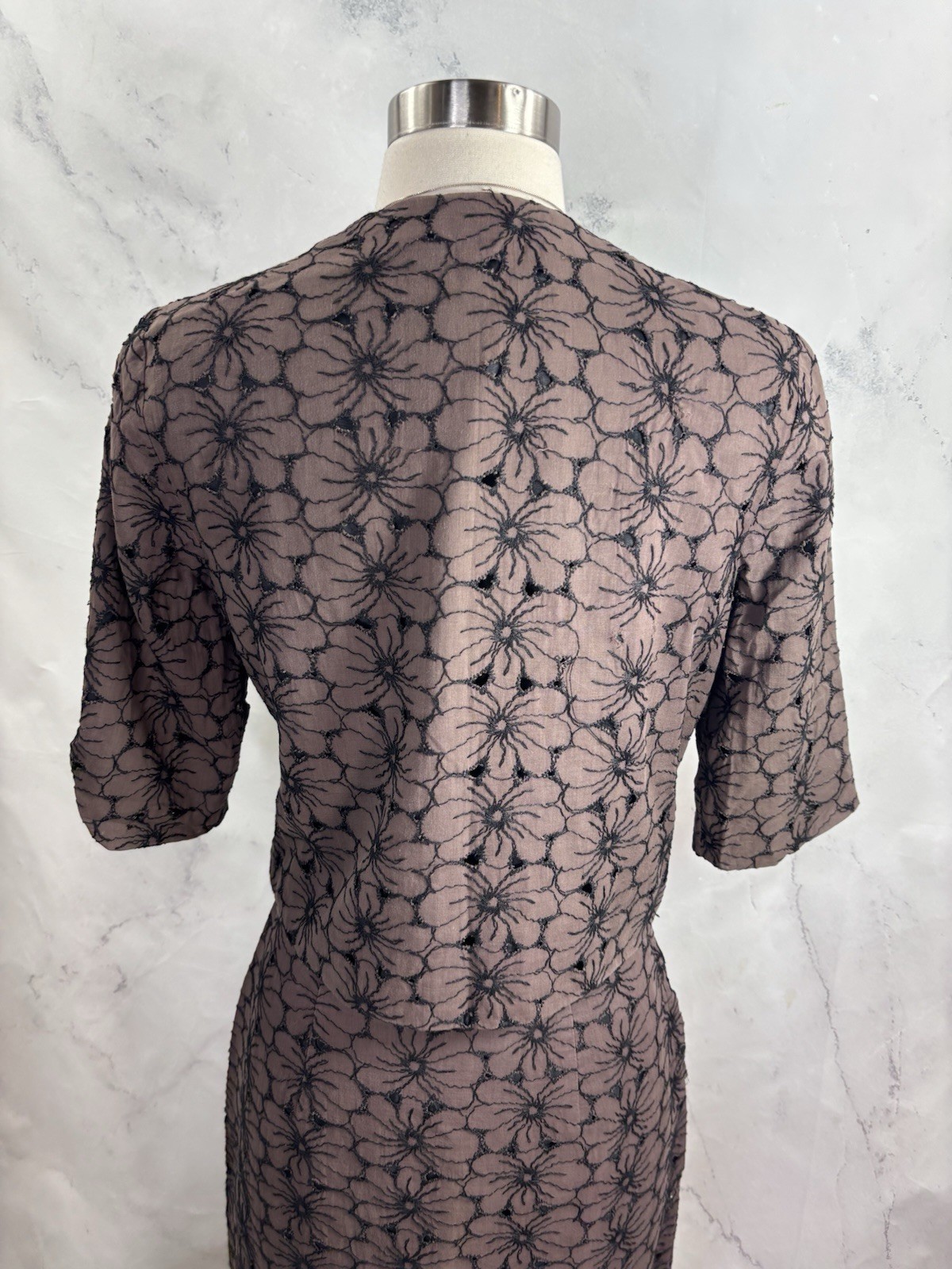 VTG 50s Union Label Floral Skirt Suit Set Brown Black MCM Wiggle Mad Max S 1950s