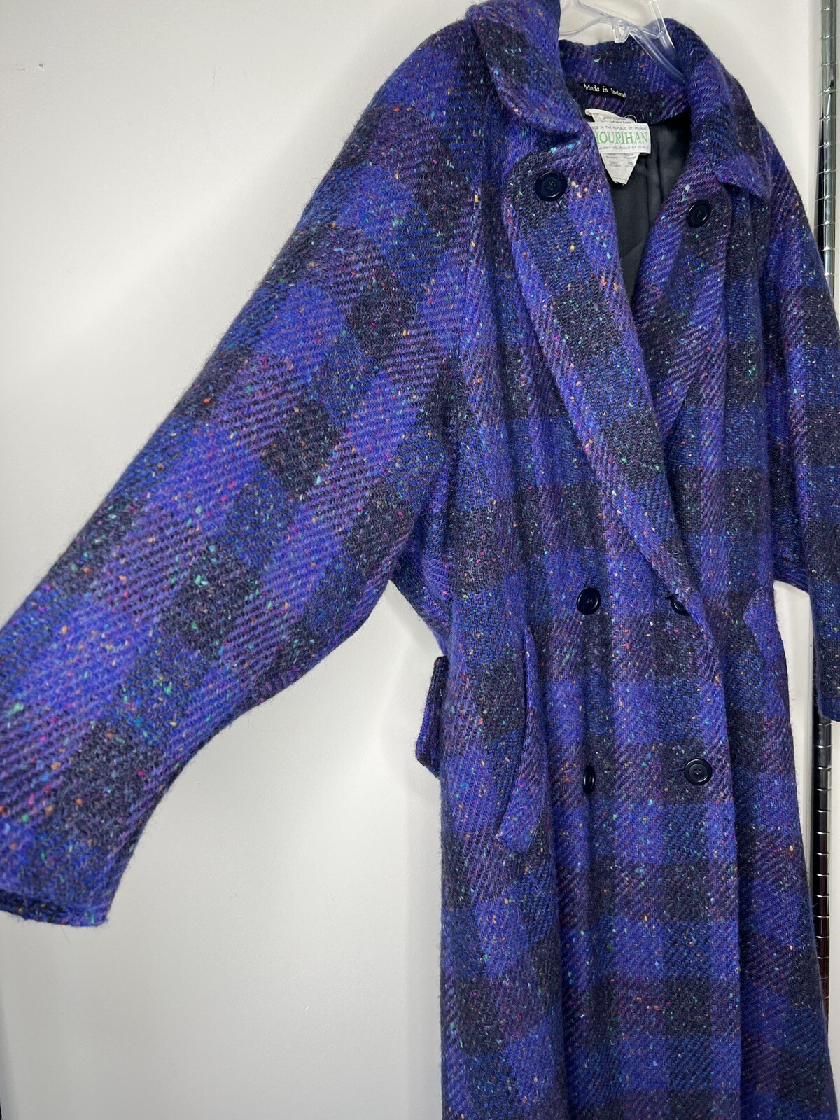 Vintage Jimmy Hourihan Sz 8 Purple Plaid Long Coat Wool Speckle Tweed Ireland